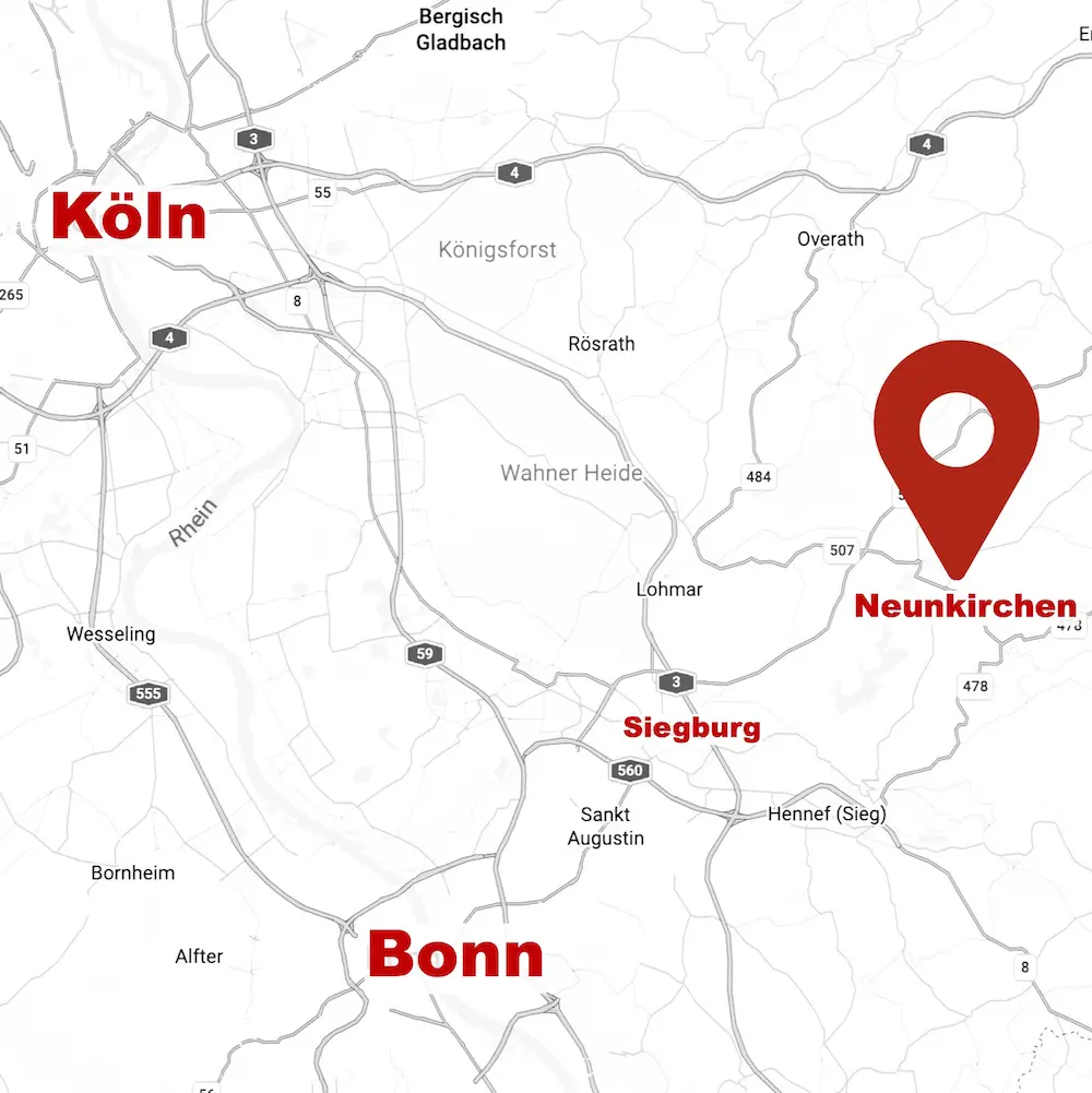 Karte mit dem Standort Neunkirchen-Seelscheid zwischen Köln, Bonn und Siegburg im Rhein-Sieg-Kreis.